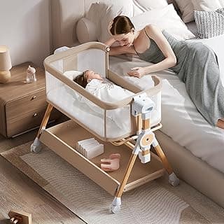 3 in 1 Baby Bassinet,Bedside/Rocking Bassinet for Baby,Bedside Crib with Lockable Wheels,Waterproof Mattress,Adjustable 6 Heights,Portable Baby Bassinets Bedside Sleeper (Khaki)