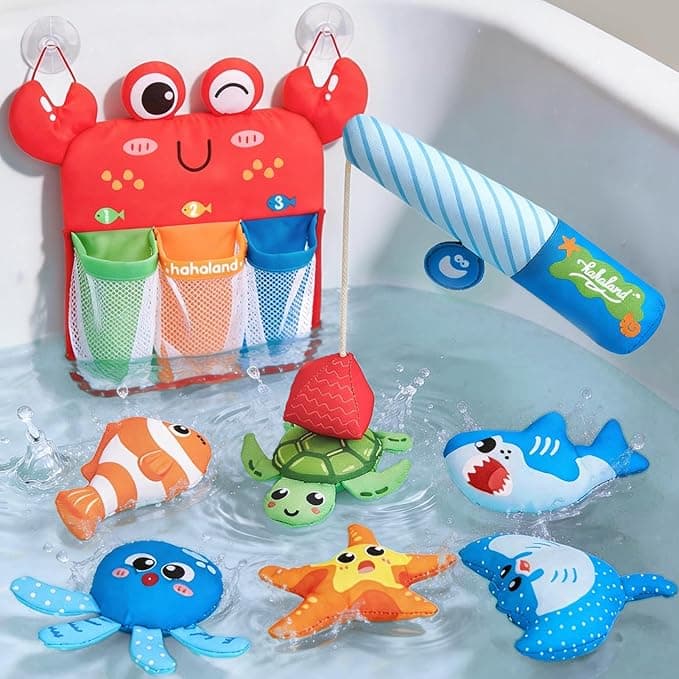 hahaland Bath Toys for Toddlers 1-3, Montessori Fishing Bath Toy Set, Soft Bathtub Fishing Game with 6 Colorful Ocean Animals & Fishing Pole, 1 2 Year Old Baby Water Pool Toys with Suction Storage Bag