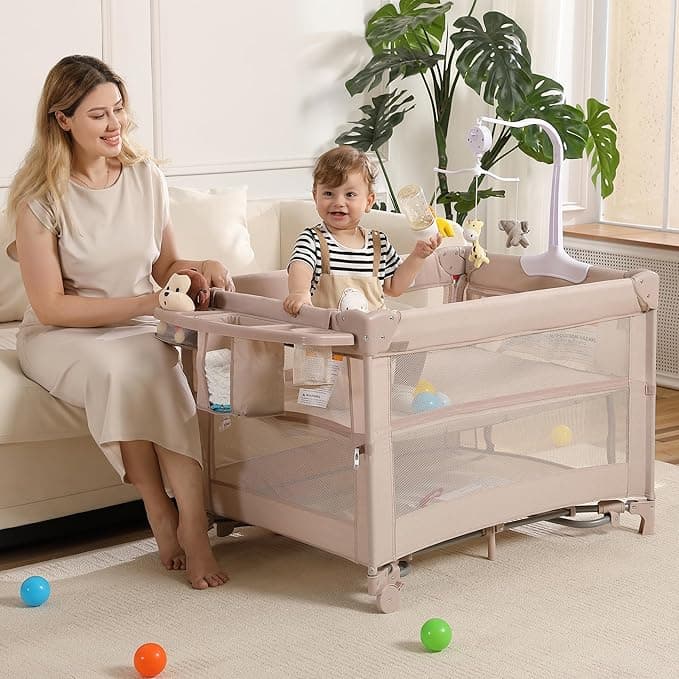 5 in 1 Portable Travel Baby Bassinet, Pack and Play, Foldable Travel Playard Playpen for Toddler, Bedside Crib Sleeper, Diaper Changer Table, Baby Playard for Newborn (Champagne)
