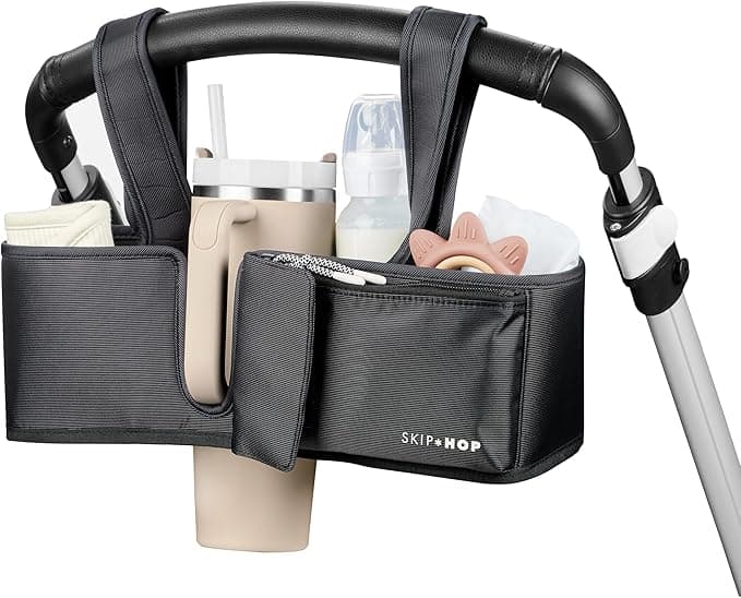 Skip Hop Ultimate Stroller Organizer Universal Fit with Adjustable Straps, Magnetic Flaps and Convertible Design That fits 40 oz. Tumblers, Black