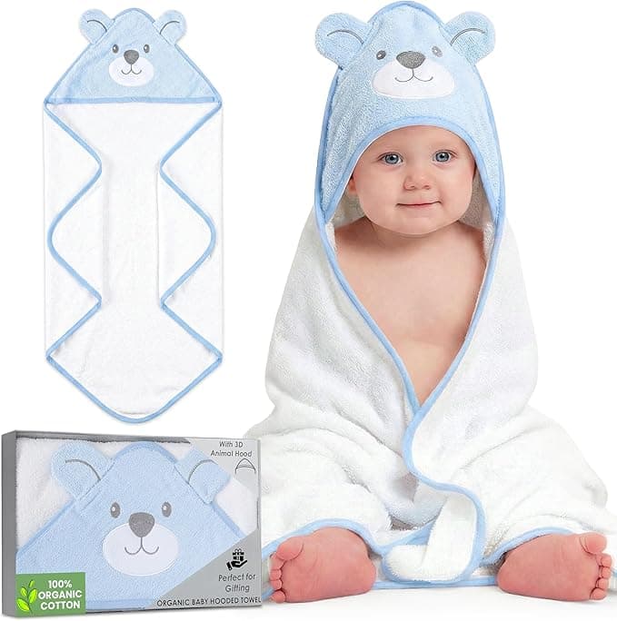 Mother's Choice Hooded Baby Bath Towel - 100% Organic Cotton Ultra Soft and Absorbent Large Hooded Baby Towel for Infant and Toddler (84 x 84 CM, Blue Bear)