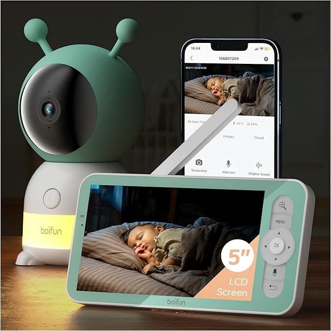 2K Boifun Baby Monitor WiFi, 360° Camera with Night Light & 5 Inch 3MP Display, Phone App Control & LCD Monitor, Auto Tracking, AI Motion & Sound Detection, 3000mAh Battery, 2-Way Audio