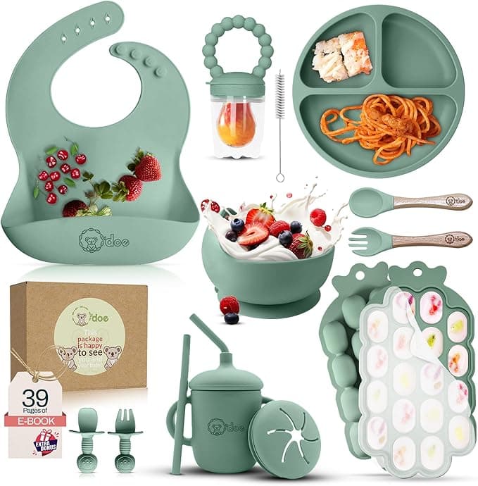 O'doe Baby Weaning Set – 15 Pcs Silicone Baby Feeding Set with Suction Plate, Bowl, Bib, Sippy Cup, Fruit Feeder & Freezer Tray – Baby Plates and Bowls Set for 3M+ | BPA-Free Baby Dishes & Utensils