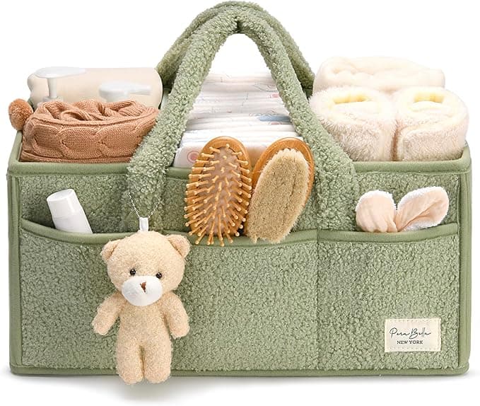 PeraBella Baby Diaper Caddy Organizer, Baby Organizers and Storage for Changing Table, Babies Shower Gift Basket for Boy &Girl, Nursery Essentials Car Caddy Organizer with Handle, Green Diaper Basket