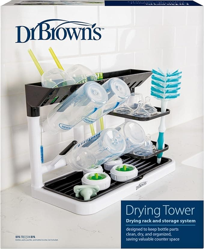 Dr. Brown’s™ Drying Tower, Stand-Up Drying Rack, Countertop Baby Bottle Drying with Organized Storage for Baby Essentials, Space Saving Vertical Rack