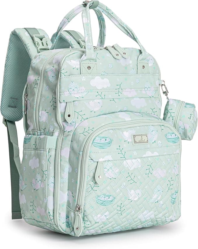 BabbleRoo Leather Diaper Bag Backpack - Baby Essentials Travel Baby Bag, Multi function, Waterproof, with Changing Pad, Stroller Straps & Pacifier Case – Unisex, Green Birdy