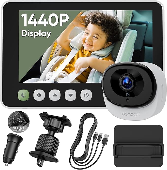 bonoch 5'' 1440P Baby Car Camera Backseat - 2025 Upgrade 360 Degree Rotating Wide View USB Powered Baby Car Monitor with Car Charger, Easy Setup Car Seat Camera for Baby Rear Facing with Night Vision