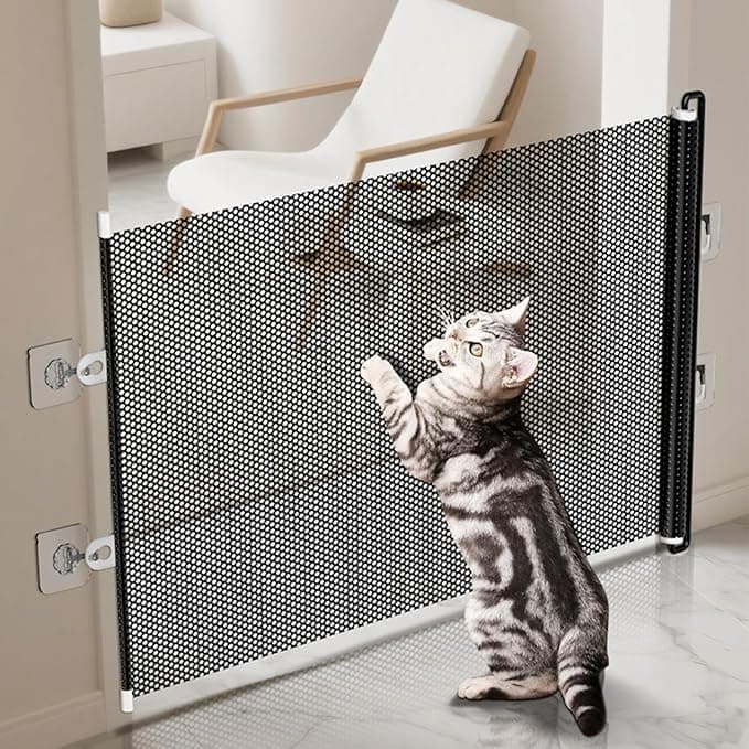 Retractable Stair Baby Gate, Indoor Pet Stair Barrier, No Drilling Baby Safety Gate, for Stairway Hallway Patio Porch Yard Balcony Deck Bathroom Garage