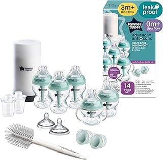 Tommee Tippee Advanced Anti-Colic 14 Piece Baby Bottle, Travel Bottle Warmer & Pacifier Set, 5 BPA Free Bottles, 0+ months, 2 Newborn Pacifiers, 2 Extra Nipples, Cleaning Brush, Bottle Handles