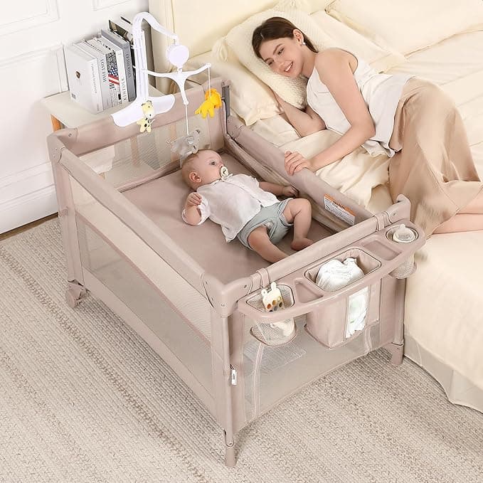 Pack and Play, 5 in 1 Baby Playard – Portable Crib, Bassinet, Bedside Sleeper, Changing Table & Playpen | Breathable Mesh | Safe & Foldable for Newborns to Toddlers