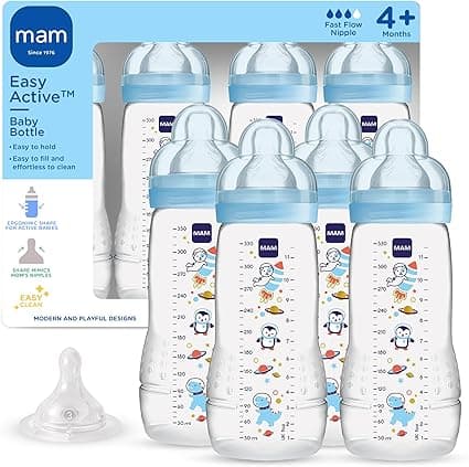 MAM Easy Active Baby Bottle 4 Pack, 11oz, BPA Free, Fast Flow Silicone Nipple, Anti-Slip Grip, Leak-Proof, 4+ Months, Blue Teal