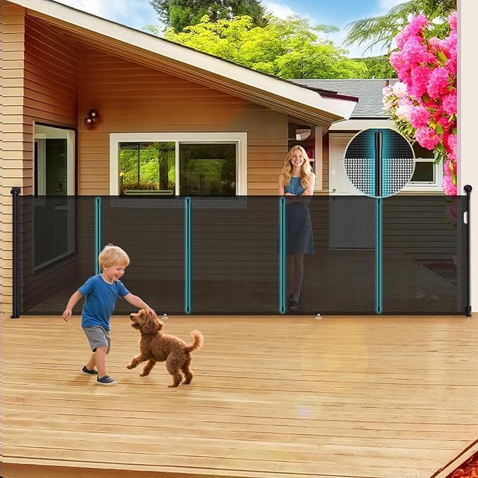 4 Meters Retractable Baby Gate Extra Wide 160'' × 42" Tall Black Mesh Dog Child Pet Safety Indoor Outdoor Retractable Gates for Decks, Garages, Patios, Doorways, Stairs with Reinforcement Strips