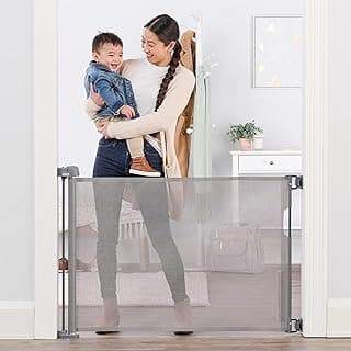 Regalo Retractable Baby Safety Gate, Expands up to 50'' Wide, Includes Wall Mounts, Installation Guide, and Safety Lock Indicator, Grey