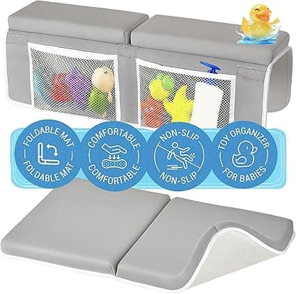 COLSEN Baby Bath Kneeler and Elbow Kneeling Rest Pad Set – Comfortable, 1.5” Thick, Painless, Non-Slip, Foldable Bathing Parent time Mat, with Toy Organizer for Babies and Toddler While Sitting Up