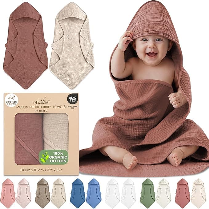 100% Organic Cotton Muslin Hooded Baby Towels 2 Pack 81 X 81 CM Baby Bath Towel Soft Breathable Lightweight Quick Dry Gentle On Baby Skin for Newborns and Infants