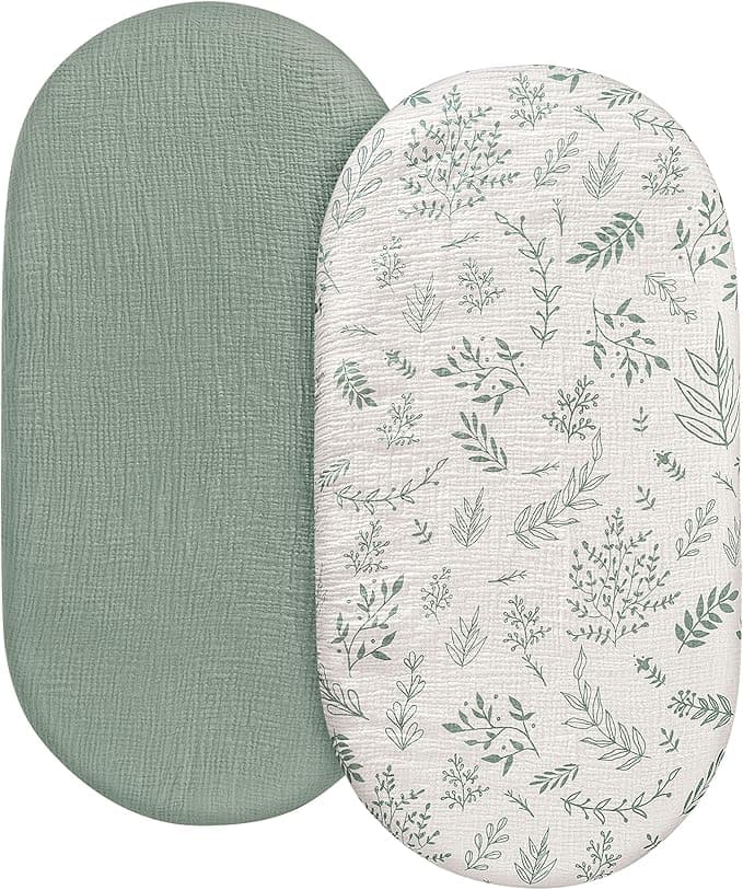 Muslin Bassinet Fitted Sheets, 2 Pack for Baby Boy and Girl, Soft Breathable Stretchy Baby Pad/Mattress Sheet Set, Universal Fit for Hourglass Oval and Rectangle Bassinet Mattress (Natural Leaves)