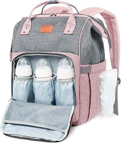 KeaBabies Baby Diaper Bag Backpack - Baby Bag for Boys, Girls, Waterproof Multi Function Baby Backpack, Large Diaper Bags for Baby Girl, Baby Boy, Travel Diaper Bag with Changing Pad (Pink Gray)