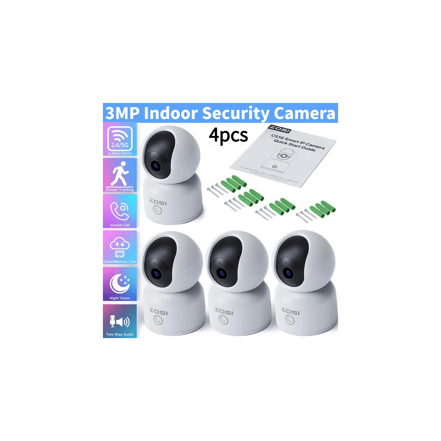 ZOSI 4pcs 2K 3MP 360° Pan/Tilt C518 WIFI Home Security IP Camera, Indoor Pets/Baby Monitor, One-Click Call, AI Human Tracking, 2-Way Audio, 2.4G/5G Hz WiFi