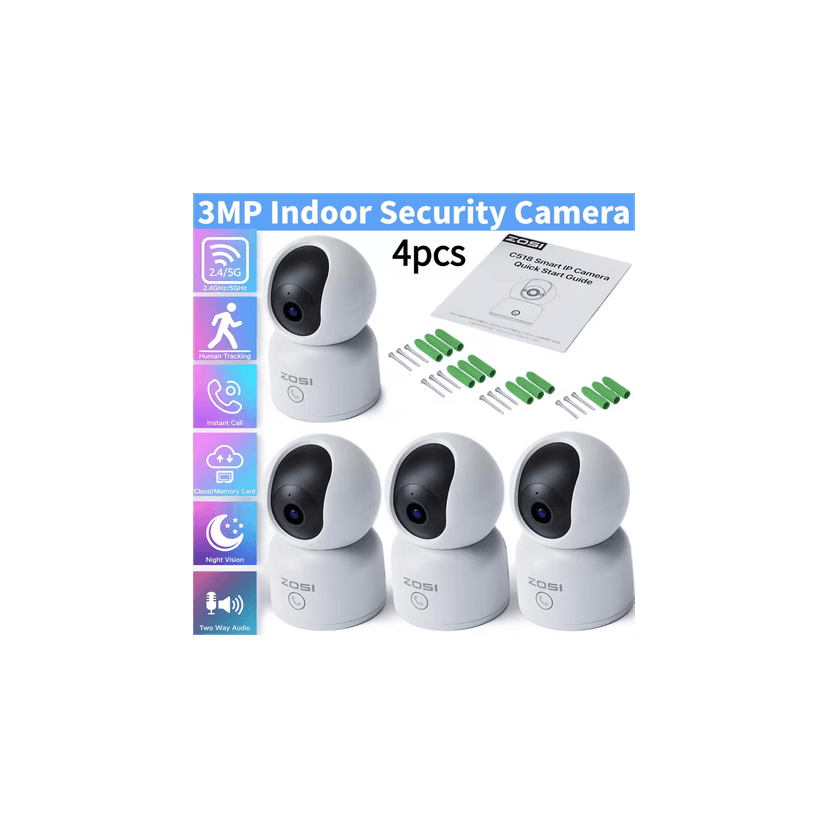 ZOSI 4pcs 2K 3MP 360° Pan/Tilt C518 WIFI Home Security IP Camera, Indoor Pets/Baby Monitor, One-Click Call, AI Human Tracking, 2-Way Audio, 2.4G/5G Hz WiFi