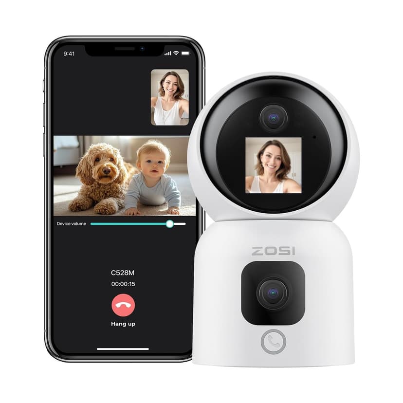ZOSI C528M 360° Pan/Tilt Dual-Lens 2K 3MP Indoor Security Camera with 1.44-inch screen, Baby/Pet Monitor, Two-Way Video, One-Touch Call, Human Tracking, 2.4G/5G WiFi