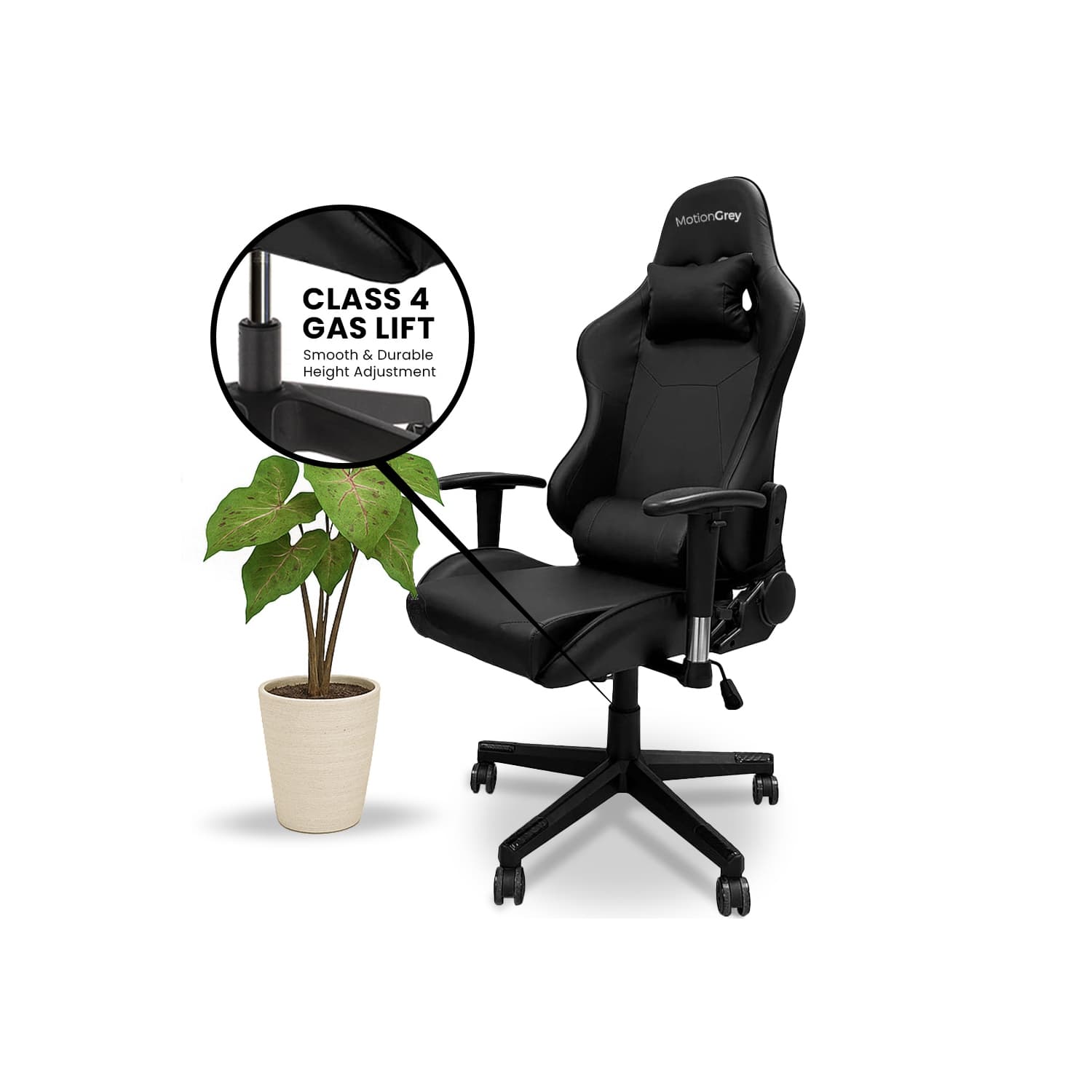 MotionGrey Enforcer PRO - High-Back Office Gaming Chair with PU Leather, Adjustable Height, and Comfort Cushions - Black S1 - With Class 4 Piston