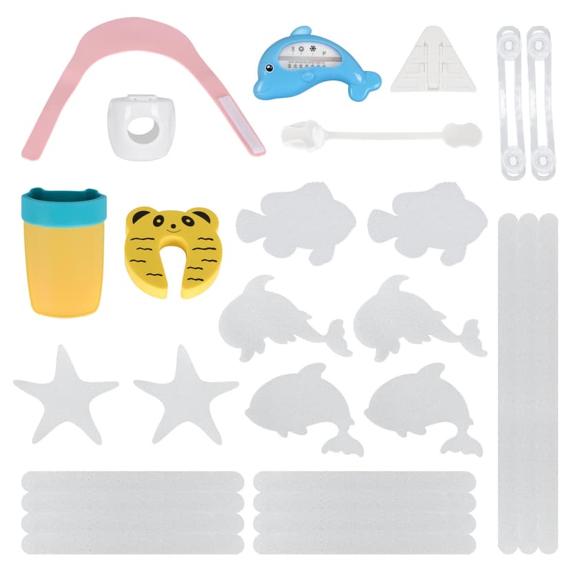 18PCS Eco-friendly Material Baby Safety Kit for Whole Family, door knob safety cover, window lock, thermometers, door stopper, shower hat, spout cover