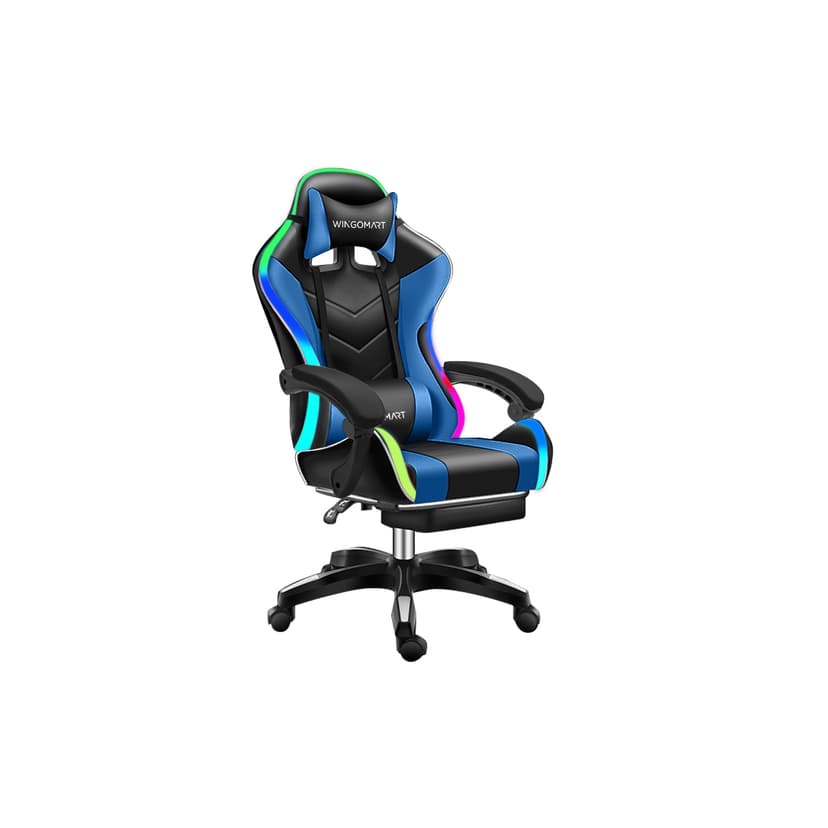 WINGOMART Ergonomic High-Back PU Faux Leather Gaming Chair W/ built in RGB LED light, Office chair with Lumbar Massage & Footrest High Back Adjustable Swivel