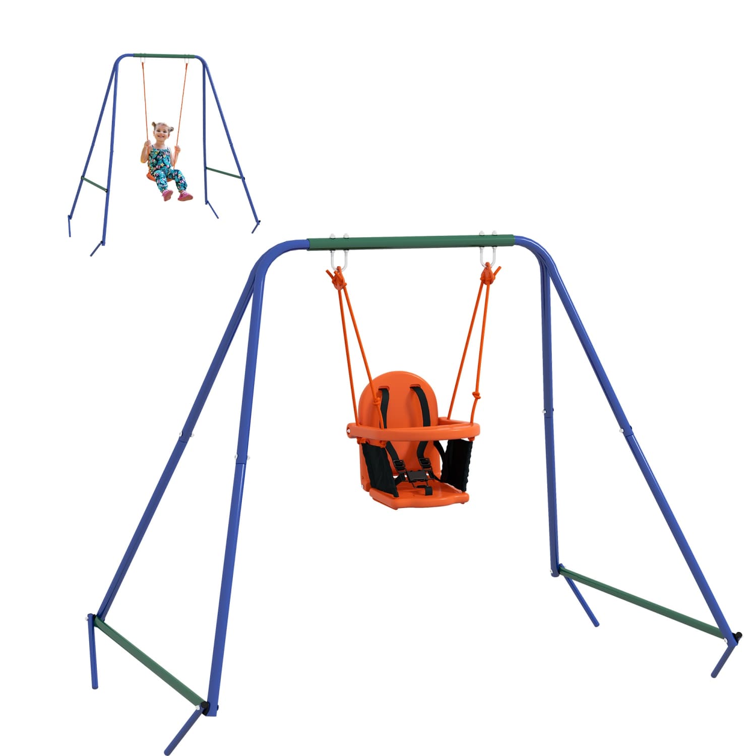 Outsunny 2 in 1 Metal Swing Set with Safety Harness, Kids Swing Set for Backyard, Outdoor, Playground, Multicoloured