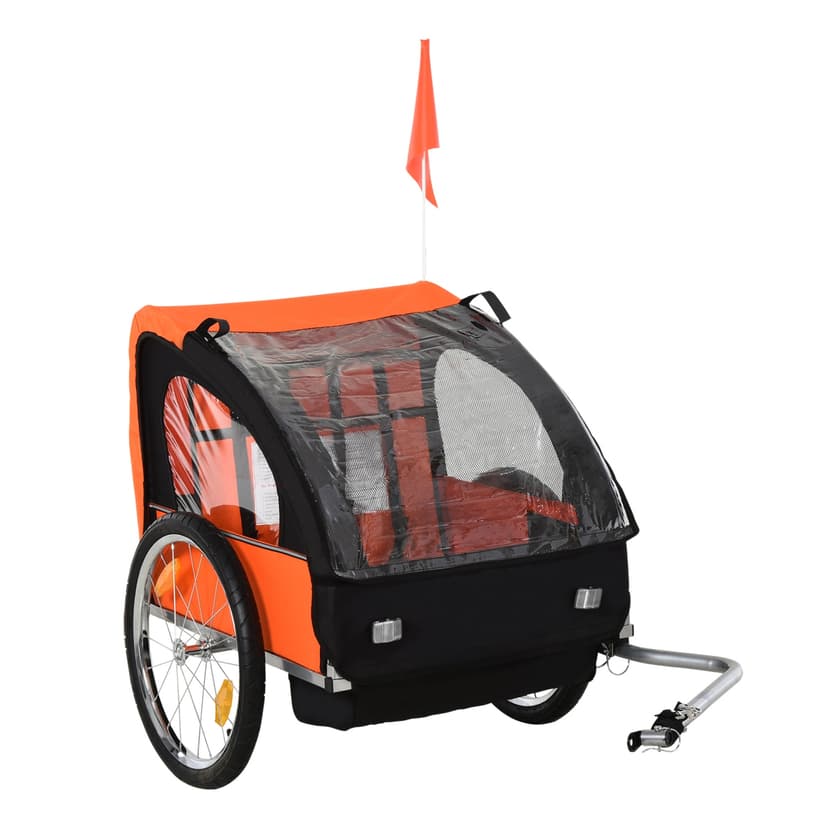 Aosom 2 Seat Bike Trailer for Kids Double Baby Toddler 80lbs Load w/ Steel Frame, 5-Point Safety Belts, Universal Bicycle Connect, Reflectors, Red Flag, Waterproof Cover, Orange