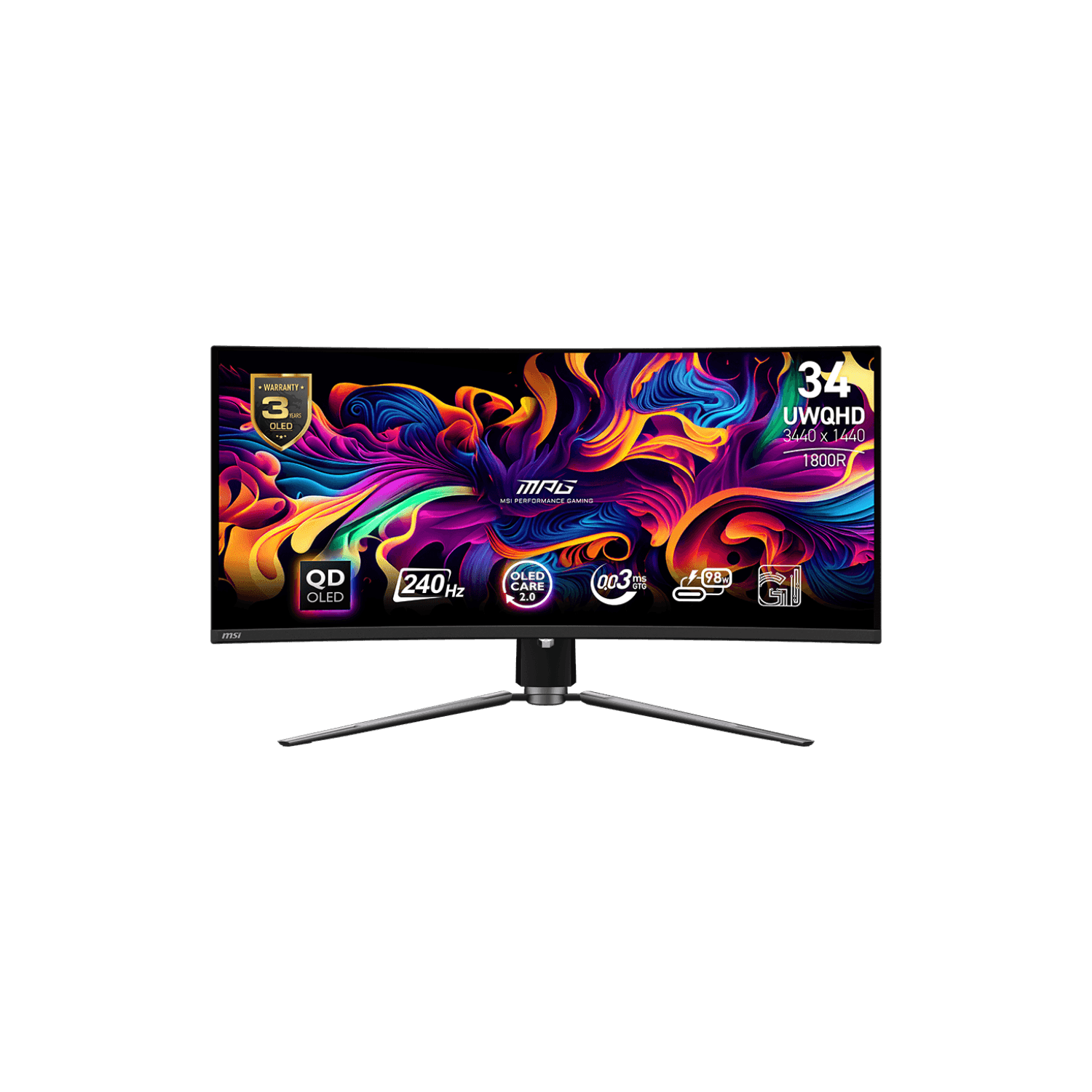 MSI MPG 341CQPX QD-OLED, 34" Curved Gaming Monitor 1800R 3440 x 1440 (UWQHD), 240Hz / 0.03ms (GTG), Adaptive-Sync, HDMI 2 (v2.1), DP 1.4a, USB Type-C, Height adjustable