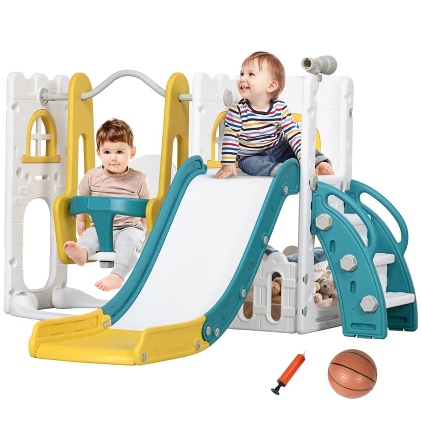 Qaba 6-in-1 Kids Slide and Swing Set with Telescope, Basketball Hoop, Climber, Baby Toddler Swing Set Indoor Playground with Storage Space, for Aged 1-3 Years Old, Yellow