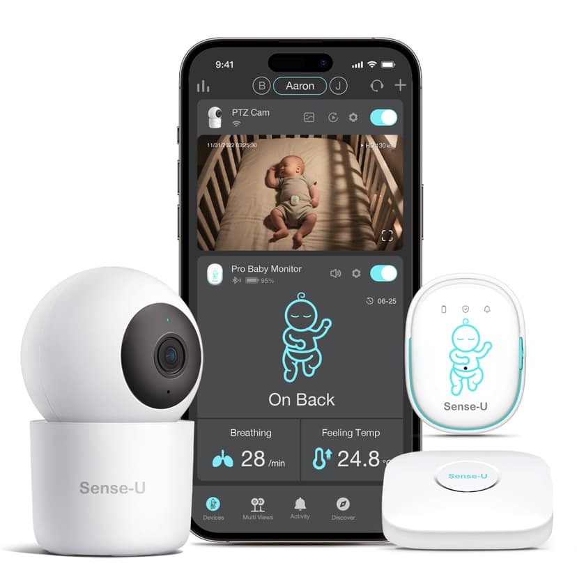 Sense-U Pro Bundle(Pro Baby Monitor+2K PTZ Camera): Track Breathing with Arousal Vibration, Rollover, Feeling Temp, 2K Video, Background Sound & Motion Detection, No Monthly Fee