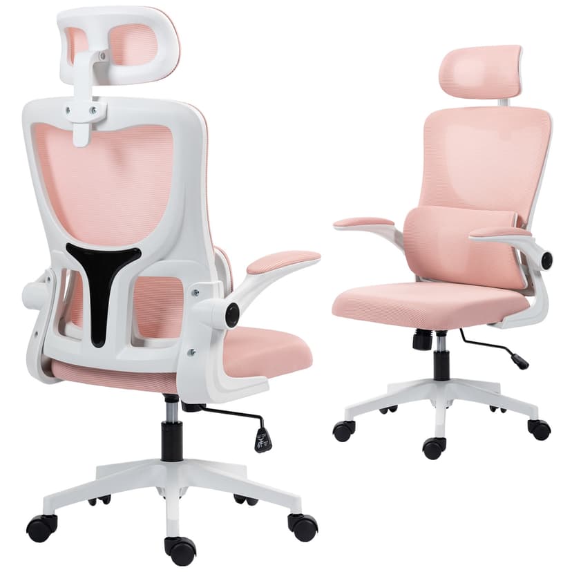 Vinsetto Ergonomic Office Chair with Auto-Adaptive Lumbar Support, High Back Desk Chair with Adjustable Headrest & Height, Rotatable Arm, Rock Function for Office, Pink