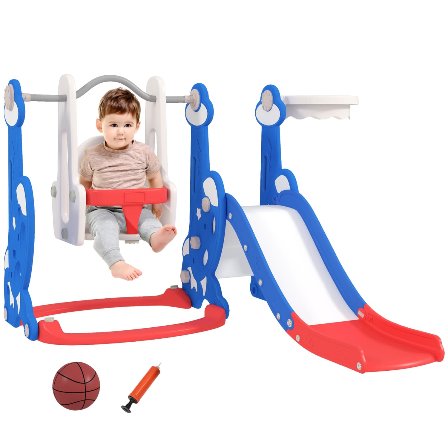 Qaba 4-in-1 Toddler Slide, Baby Kids Indoor Slide and Swing Set with Basketball Hoop, Climber, Indoor Playground for Ages 1.5-4 Boys Girls Toddler, Rocket Themed, Dark Blue