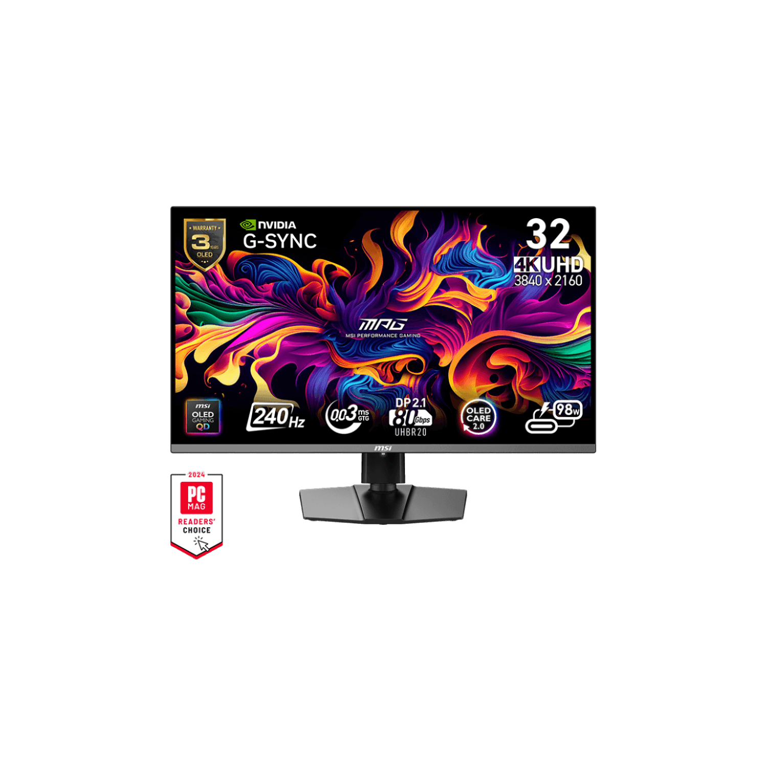 MSI 32" 3840 x 2160 (UHD) 240Hz 0.03ms (GTG) QD-OLED Gaming Monitor DP 2.1, HDR True Black 400, Clear MR13000, Type-C 98W, Height Pivot adjustable (MPG 322URX QD-OLED)