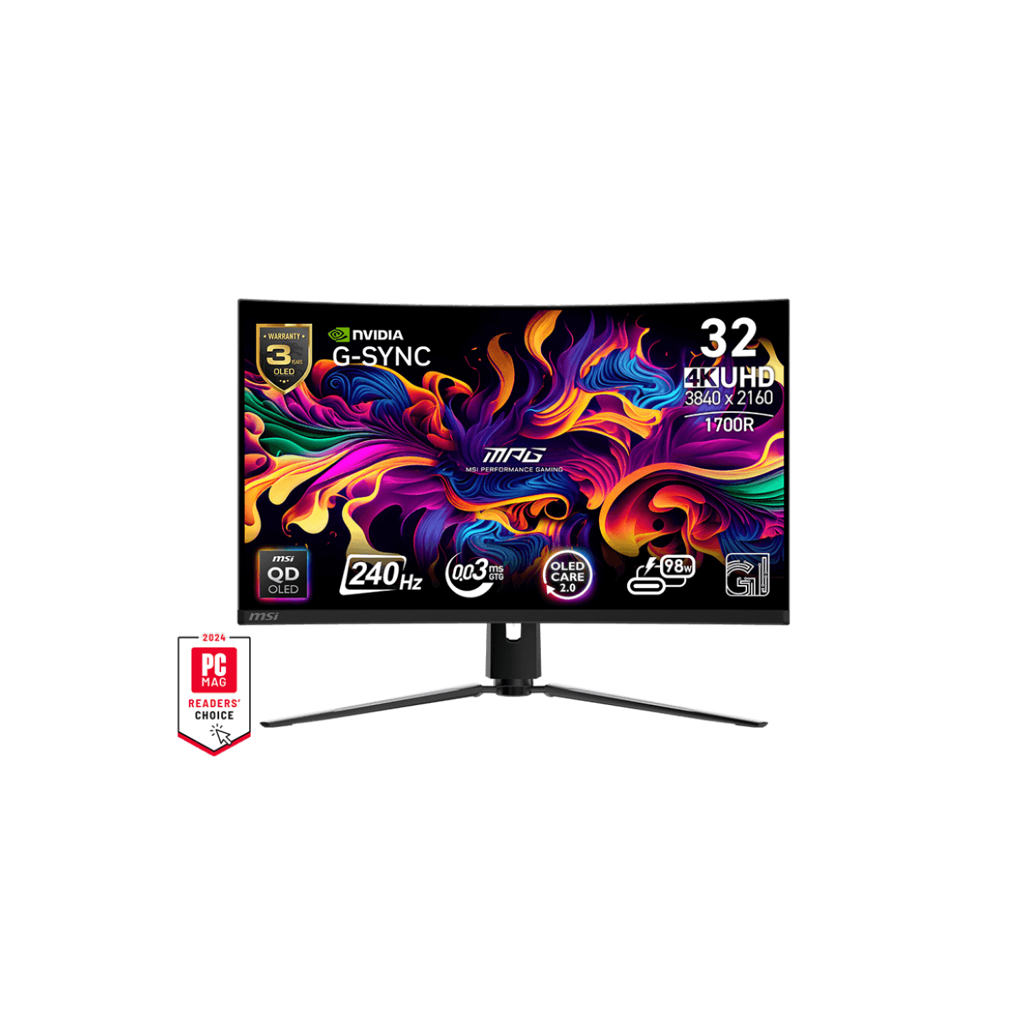 MSI 32" 3840 x 2160 (UHD) 240Hz 0.03ms (GTG) Curved QD-OLED Gaming Monitor Tilt Swivel Height Pivot adjustable (MPG 321CURX QD-OLED)