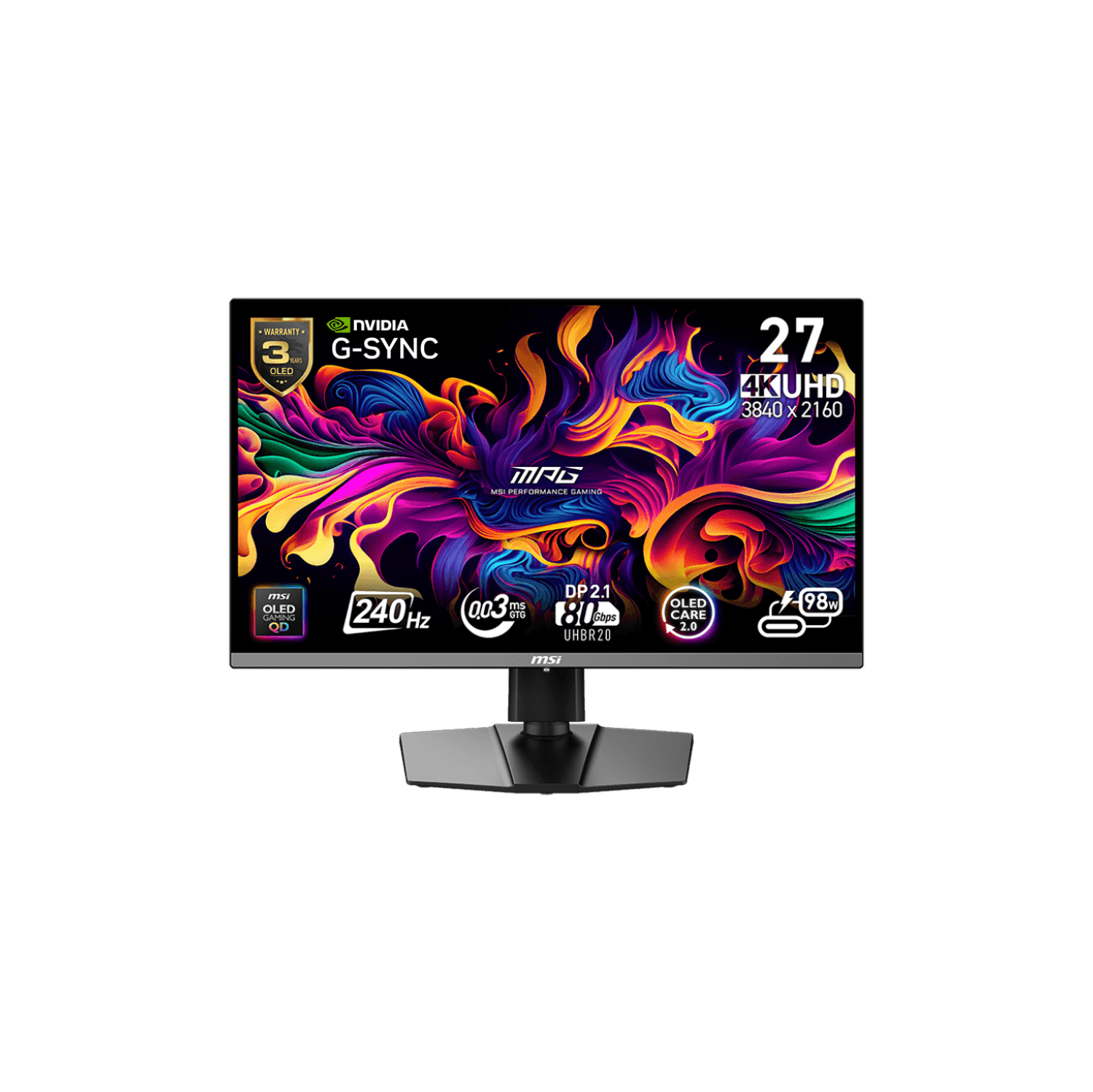 MSI 27" 3840 x 2160 (UHD) 240Hz 0.03ms (GTG) QD-OLED Gaming Monitor DP 2.1, HDR True Black 400, Clear MR13000, Type-C 98W, Height Pivot adjustable (MPG 272URX QD-OLED)