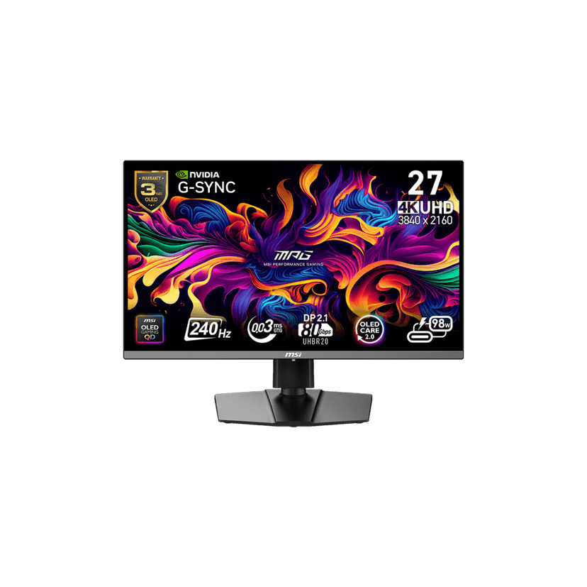 MSI 27" 3840 x 2160 (UHD) 240Hz 0.03ms (GTG) QD-OLED Gaming Monitor DP 2.1, HDR True Black 400, Clear MR13000, Type-C 98W, Height Pivot adjustable (MPG 272URX QD-OLED)
