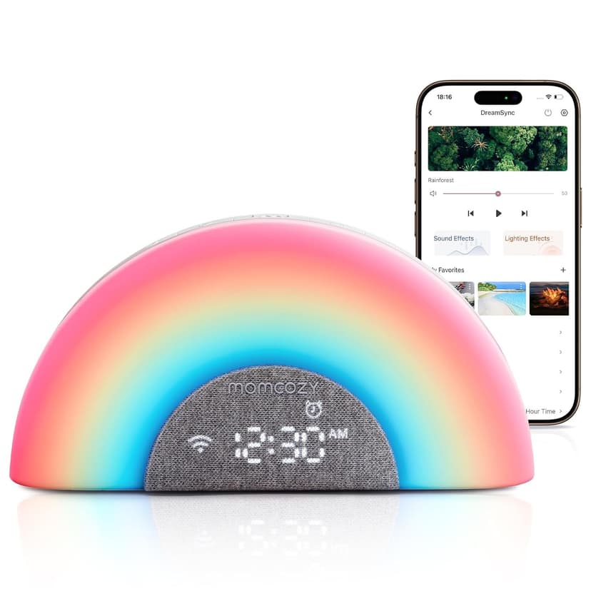Momcozy DreamSync™ Baby Sound Machine, Night Light, APP Control Baby Sleep Trainer, Routine Builder, White Noise Machine with 34 Soothing Sounds, Wake Up Light Sunrise Alarm Clock,