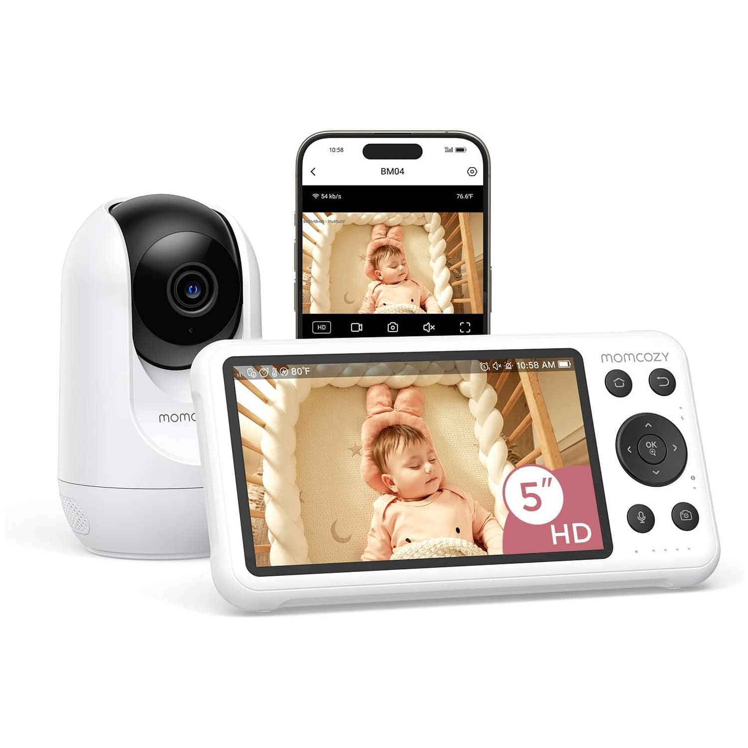 Momcozy Smart WiFi Baby Monitor with Camera and Audio, 5" 1080P Screen with Wall Mount, Motion & Cry Detection, Safe Fence, Clear Night Vision, 5000mAh Battery, 2-Way Talk