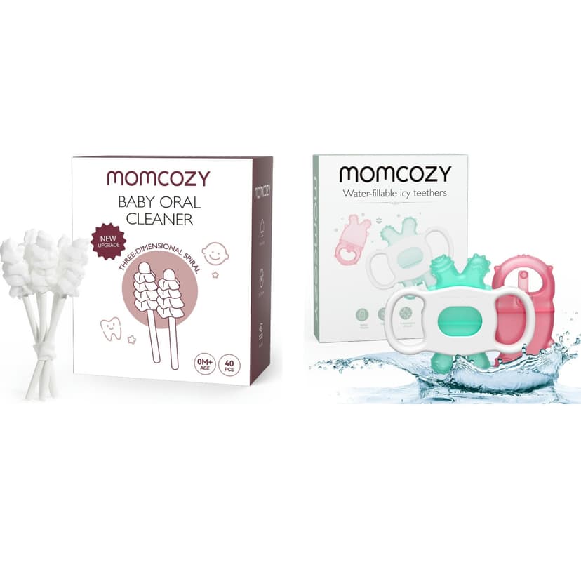 Momcozy Baby Tongue Cleaner Gauze, Disposable Oral Cleaner, Toothbrush Oral Cleaning Stick, 40 Count & Momcozy Baby Teether Toys, Water Fillable Teether Silicone Cold Teether, Baby
