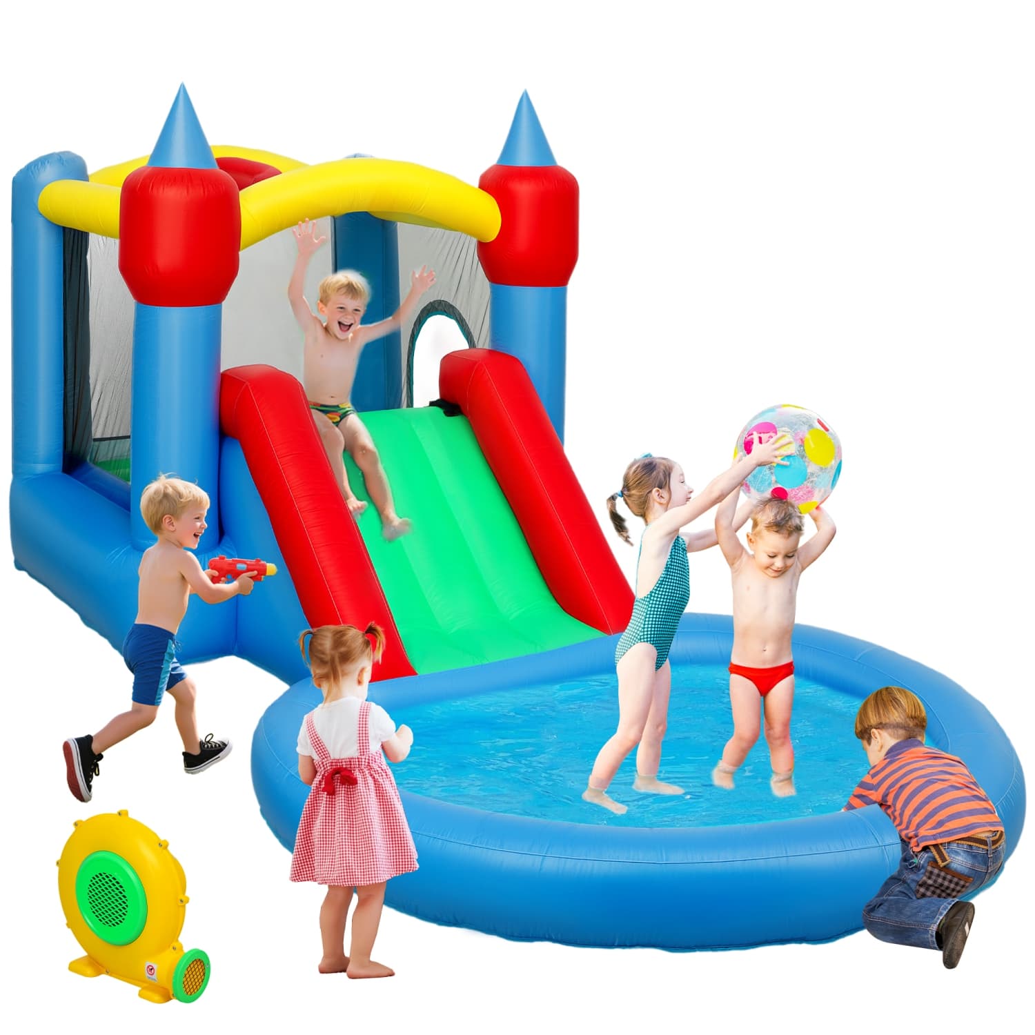 Qaba Inflatable Bouncy Castle, 4 in 1 Bounce House for Kids with Water Slide, Basketball Hoop, Ball Pit, Blower, Carry Bag, 13.6 x 6.7FT Indoor & Outdoor Bouncer for Ages 3-8