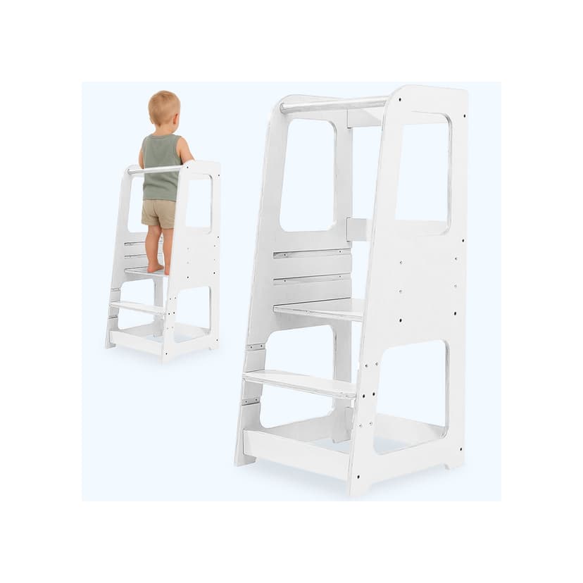 Blessy Toddler Tower, Learning Standing Tower, Baby Chair Kitchen Helper 2 Step Stool with Adjustable Height Platform and Safety Rail, White