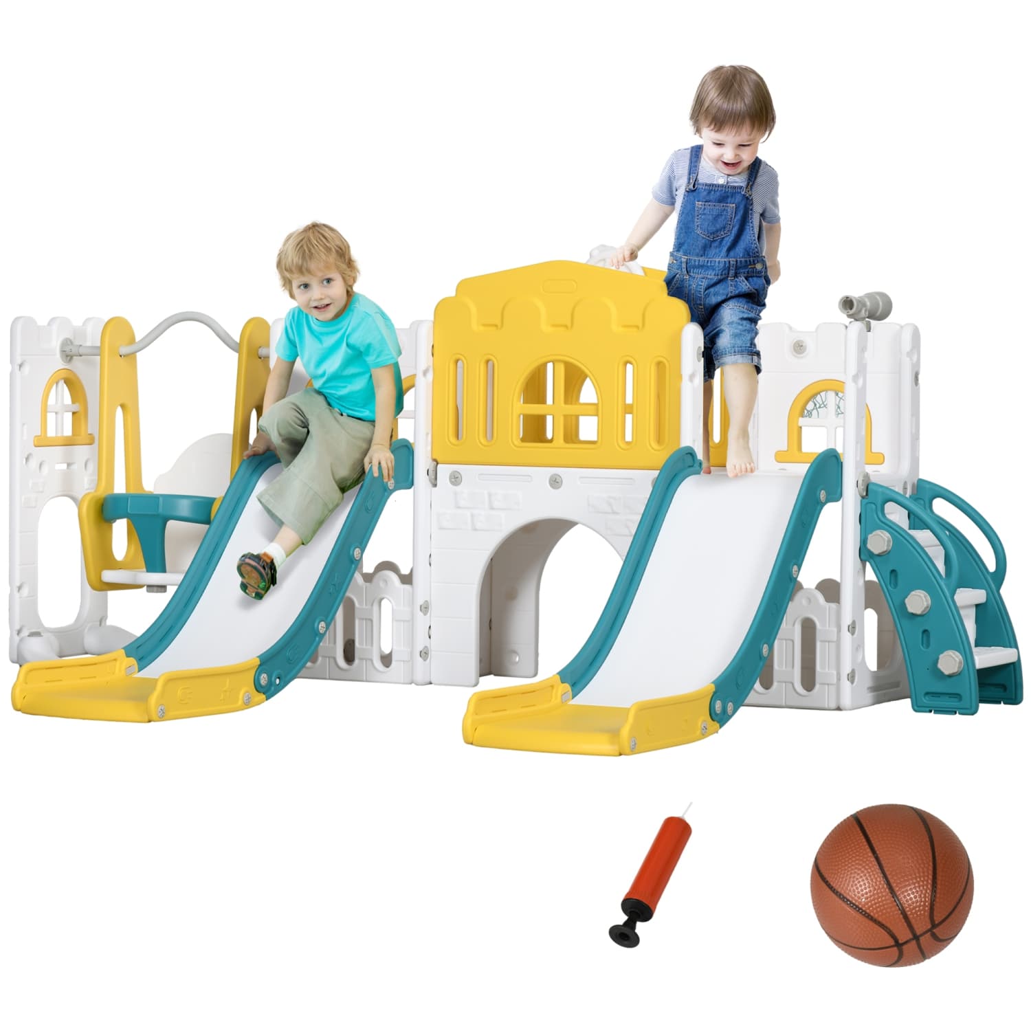 Qaba 8 in 1 Slide and Swing Set with Basketball Hoop, Climber, Toddler Slide Set Indoor Playground with Aisle, Steering Wheel, Storage Space, Telescope, for Aged 1-3 Years, Yellow
