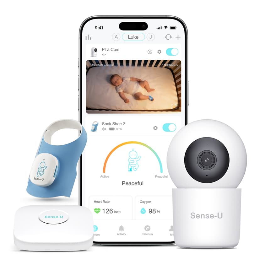 Sense-U Baby Sock Shoe Bundle Smart Baby Monitor: Sock Shoe Plus 2K PTZ Camera - Track Sleep Patterns, Heart Rate, Movement, AI Cry Detection, Audio, Pan-Tilt-Zoom Video