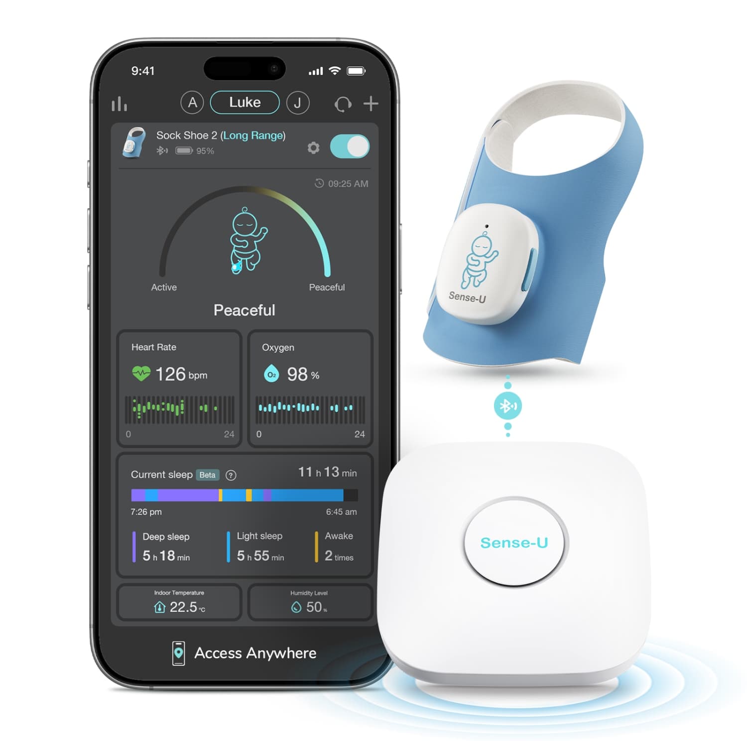 Sense-U Smart Sock Shoe (Long Range) Baby Monitor with On-Device Sleep Indicator & Notifications, Track Heart Rate, Movement, Sleep Patterns, Naps from Anywhere for Peace of Mind