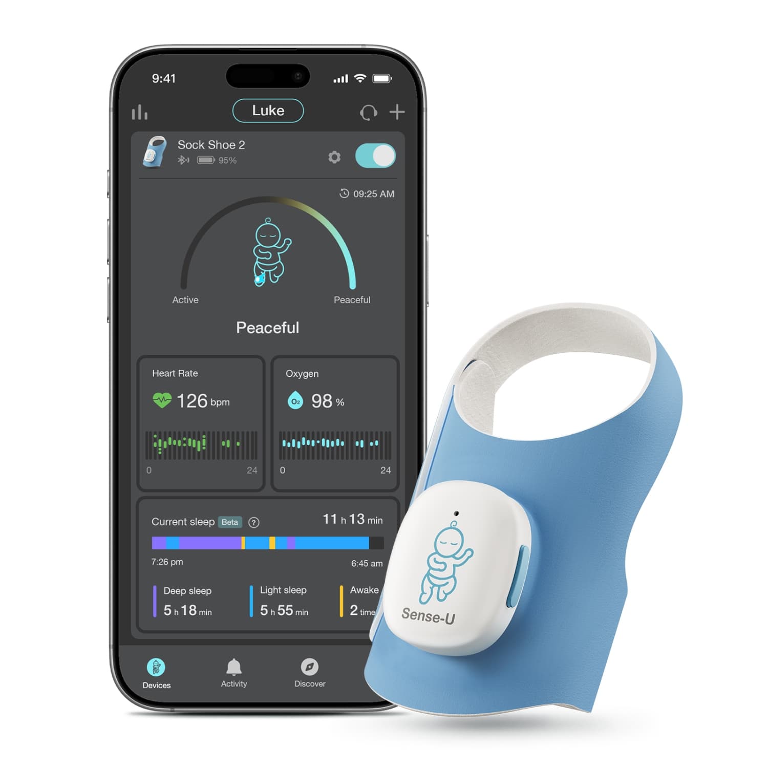 Sense-U Baby Smart Sock Shoe Baby Monitor, Track Sleep Patterns, Heart Rate, Movement for Peace of Mind, Infant Foot Monitor for Better Sleep, 1-12M