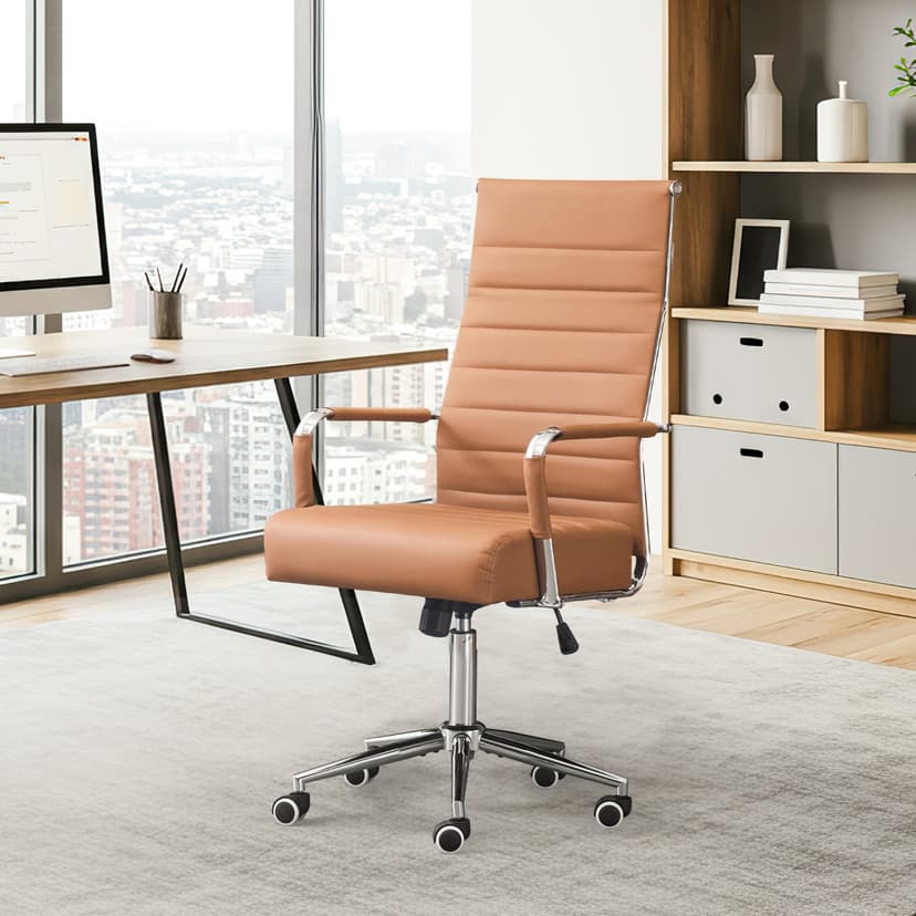 U-HOMY Executive Office Chair - Ergonomic High-Back Leather Desk Chair w Adjustable Height, 360° Swivel & Wheels,Suit for Home Office & Conference Room (Brown/Silver Frame)