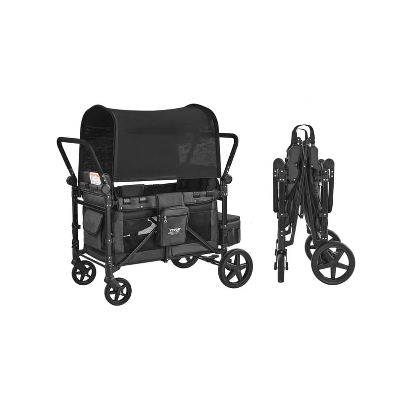 VEVOR Wagon Stroller for 4 Kids, Push Pull Quad Collapsible Stroller , Safety Harness & Removable Canopy, 4-Seater Stroller Wagon for Camping, Dark Gray & Black (330LBS Loading)
