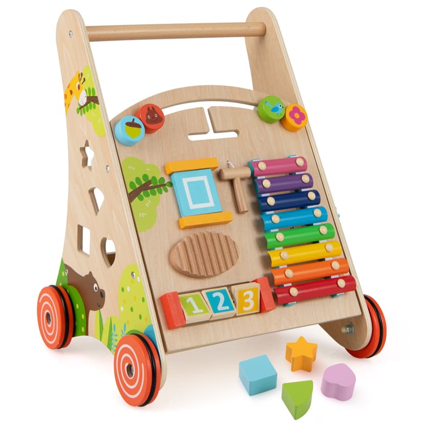 Gymax Wooden Baby Walker Baby Push Walker w/ Handle Storage & Wheels Walker Toy